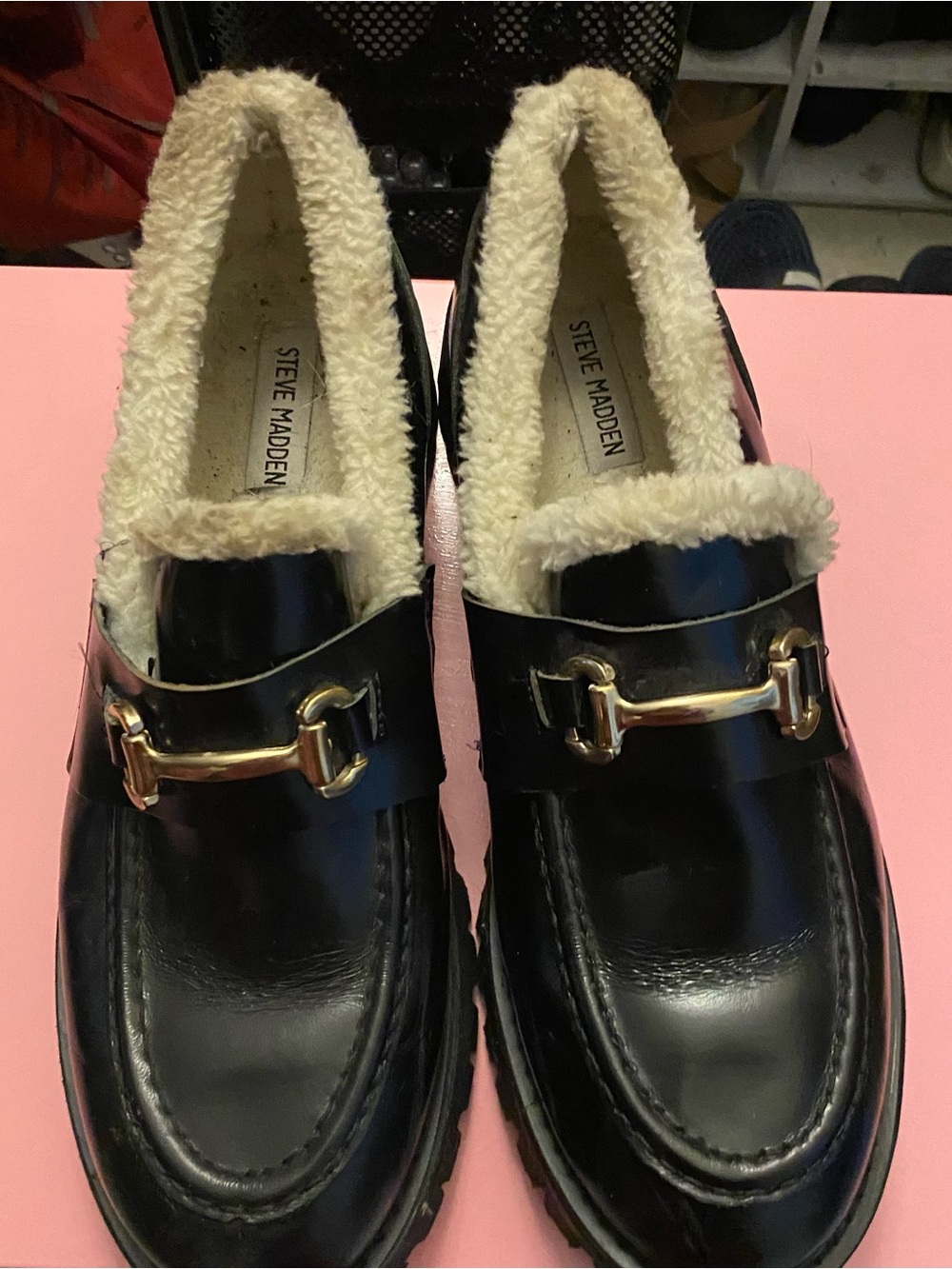 Steve Madden Black Patent Loafers with Cream Faux-Fur Lining